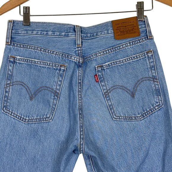 Levi's Wedgie Straight Button Fly Jeans Sz 28 Big E Distressed Raw Hem Cropped - Picture 8 of 13